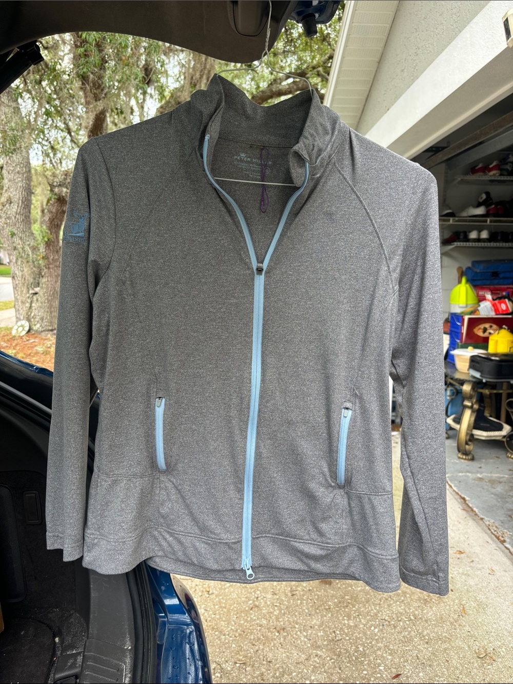 Peter Millar Gray Utility Zip Jacket with Light Blue Trim